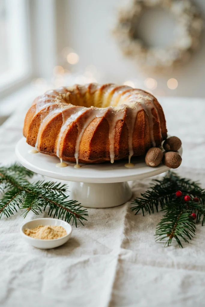 A golden bundt cake with a glossy rum glaze dripping into the center well, garnished with a light dusting of nutmeg.