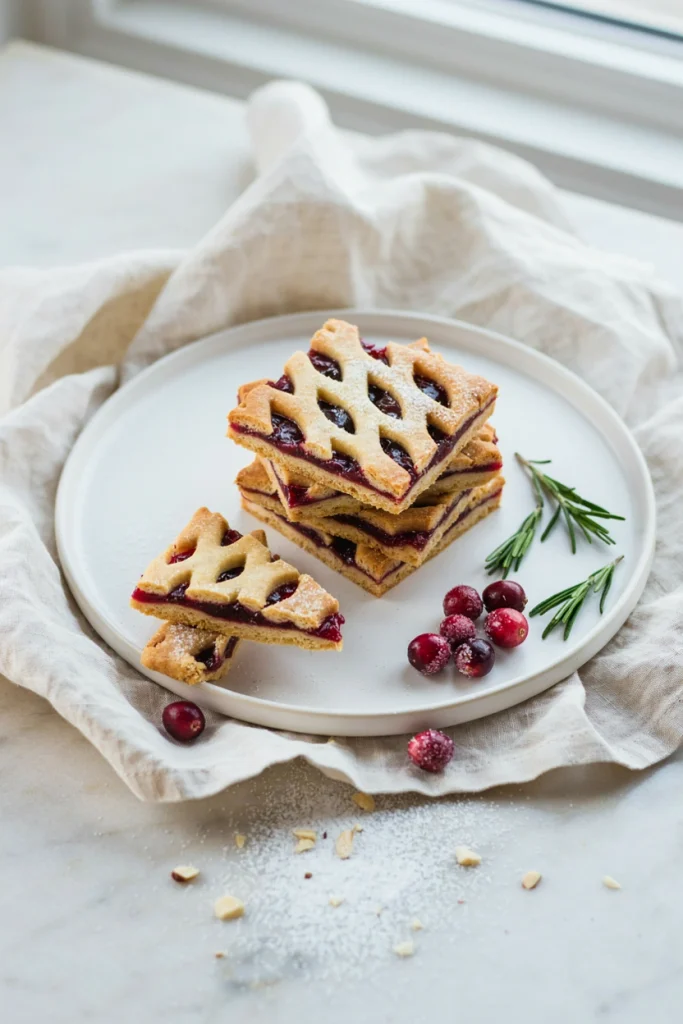 A tray of golden shortbread bars with a lattice top revealing bright red cranberry jam filling, dusted with powdered sugar.