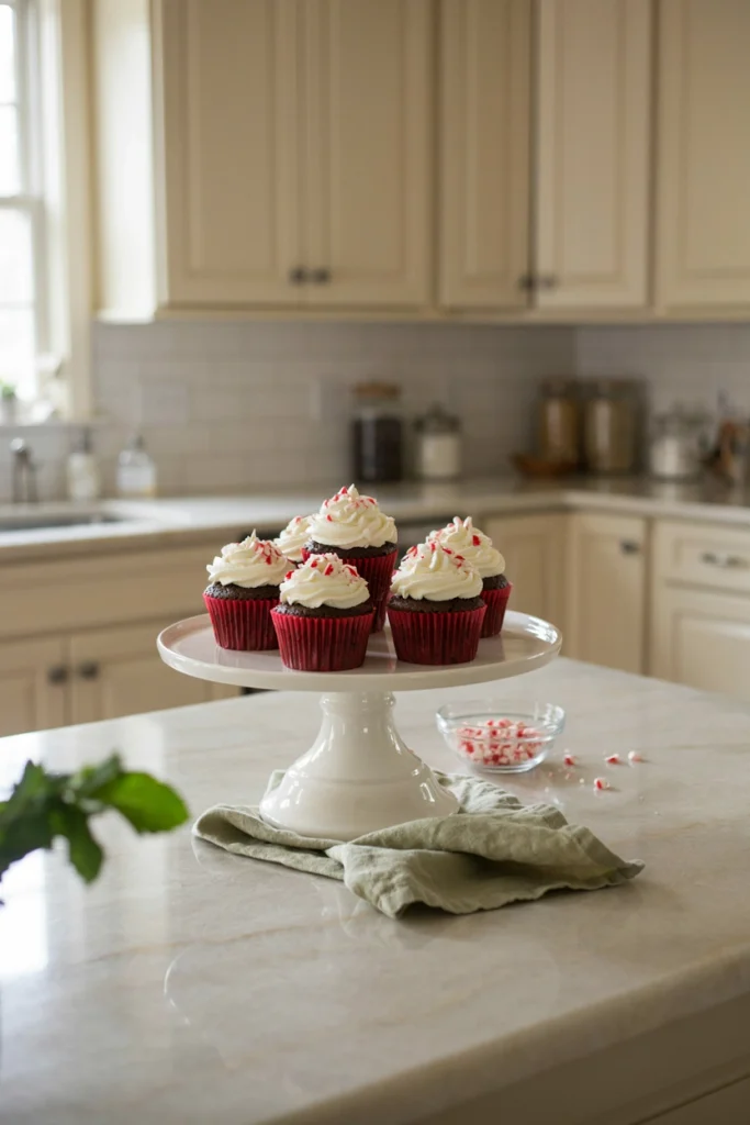 Chocolate cupcakes topped with swirled whipped frosting and a mini candy cane