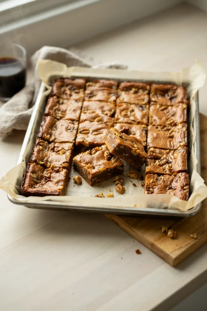 Golden blondies with a deep caramel color, studded with chopped toasted walnuts, cut into squares