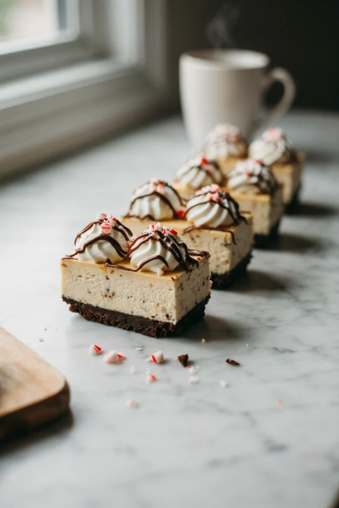 Peppermint mocha cheesecake bars on a chocolate cookie crust with ganache drizzle