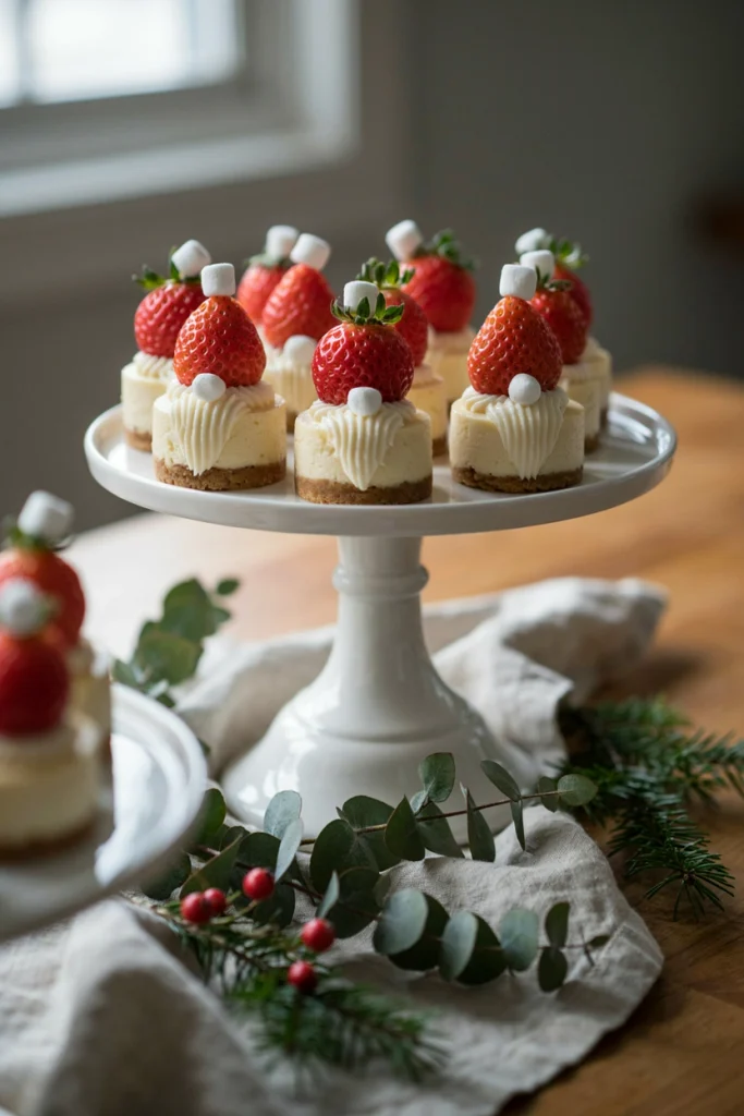 Strawberries dipped in white chocolate and topped with a red fondant hat and tiny sugar pom-pom, arranged like a row of little gnomes on a platter.