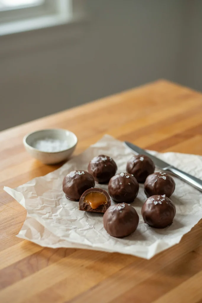 Dark chocolate coated caramel truffles with a flaky sea salt topping