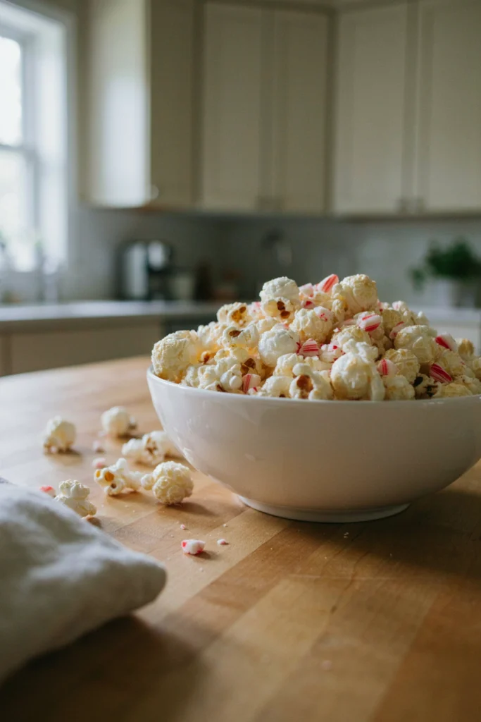Popcorn coated in white chocolate with pink and red candy pieces scattered through