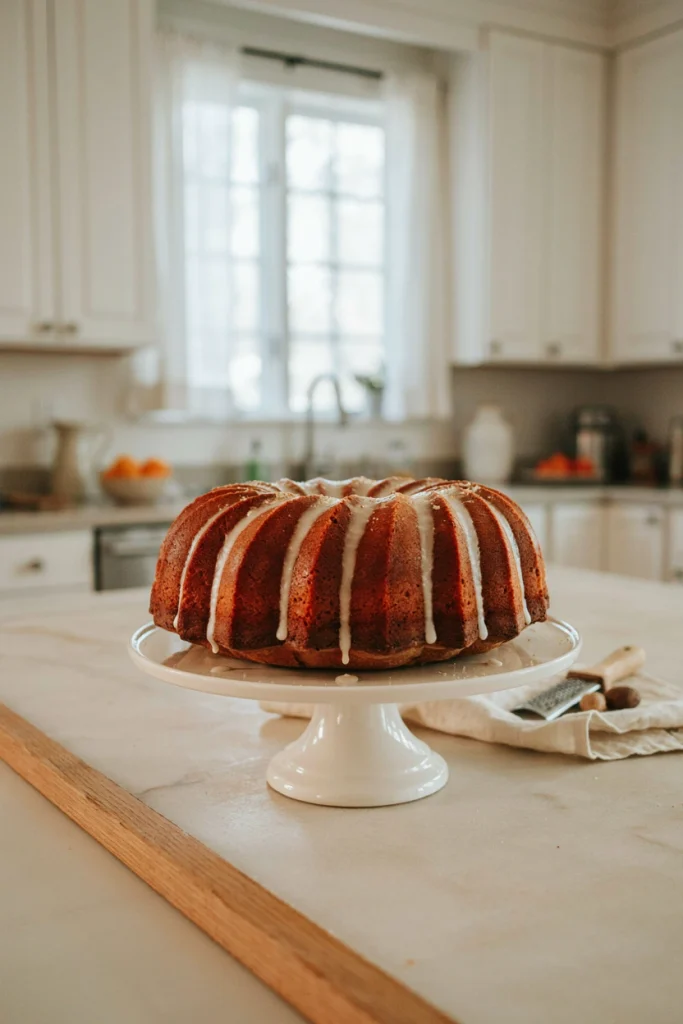 Golden bundt cake with a light glaze dripping down the sides on a cake stand