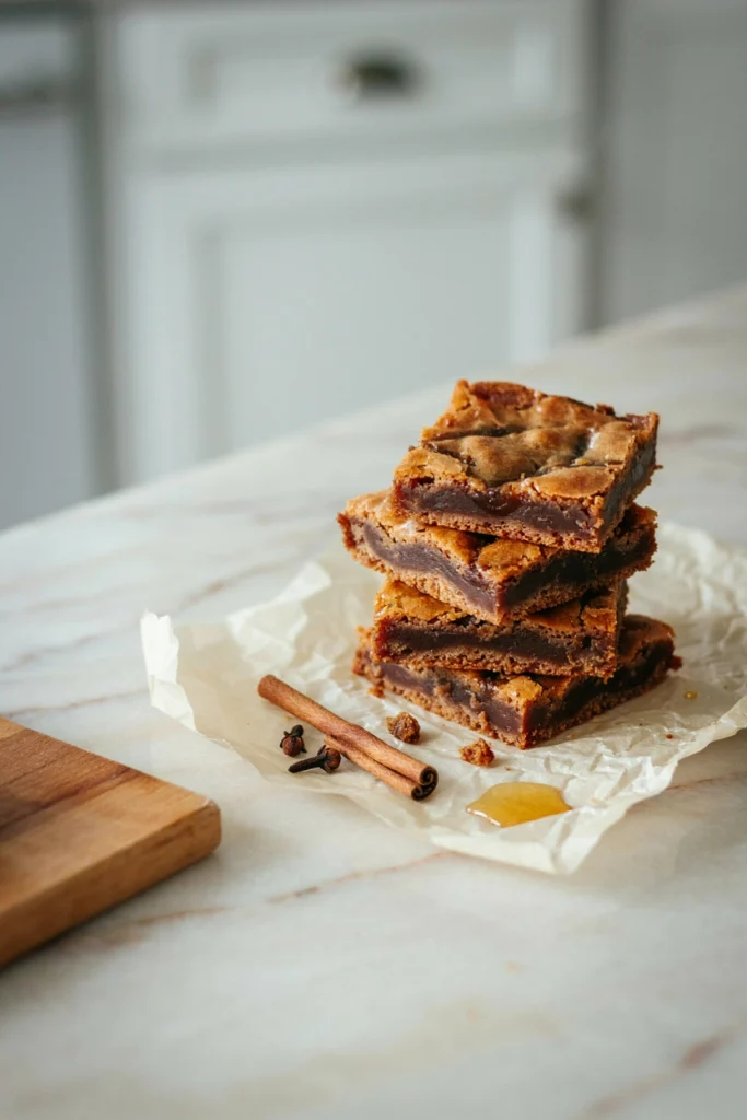 Golden brown blondie squares with a chewy interior, cut into neat squares
