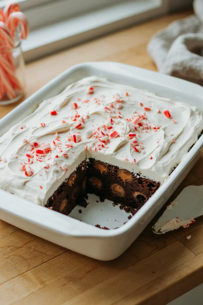 A sheet cake topped with whipped cream and crushed candy cane, one slice cut showing filled holes