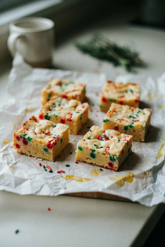 Pale golden blondies packed with rainbow sprinkles, cut into squares