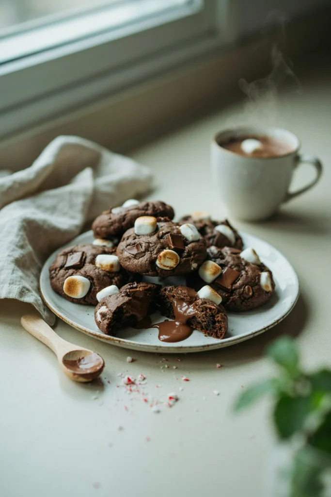 Soft hot chocolate cookies with melted chocolate chunks and toasted marshmallows