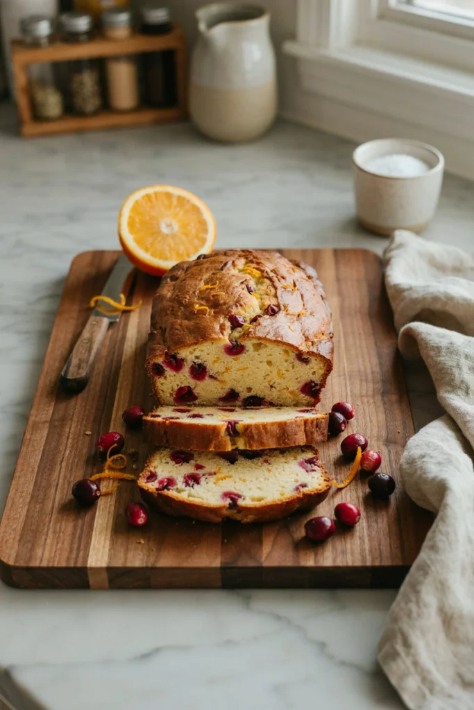 Sliced quick bread loaf studded with cranberries, orange zest visible on the crust