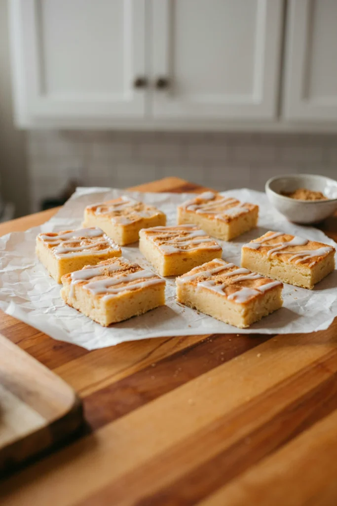 Pale golden bars topped with a thin glaze and a sprinkle of nutmeg, cut into squares