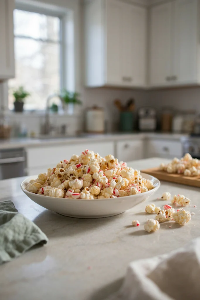 Bowl of peppermint popcorn coated in white chocolate and crushed candy cane
