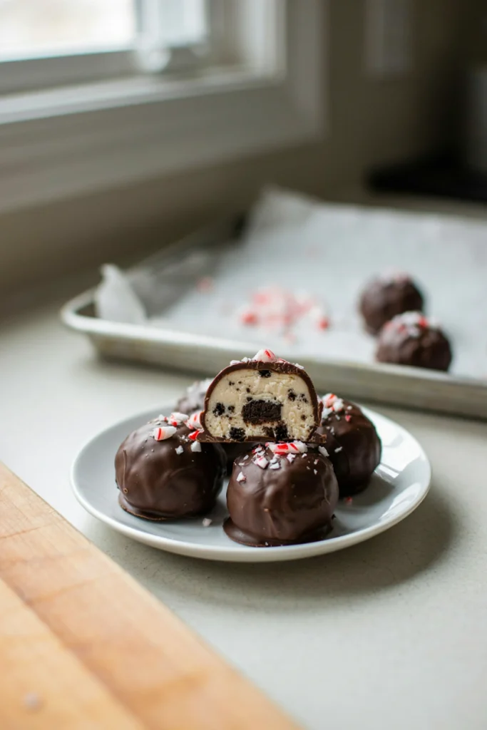 Chocolate-dipped no-bake peppermint Oreo balls stacked in a pyramid