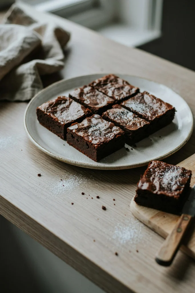 Deeply spiced dark brownies with a molasses sheen, cut into squares and dusted with powdered sugar