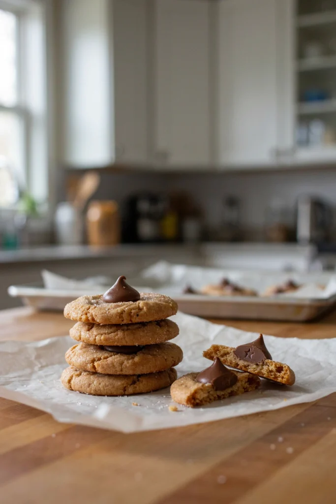 Peanut butter cookies with a chocolate kiss pressed into the center, cracked sugar coating catching the light