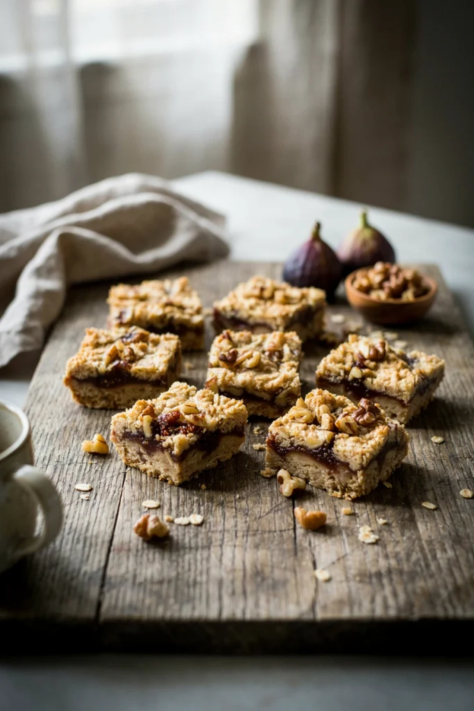 Dense oat-crusted bars with a sticky fig filling and chopped walnuts visible on top, cut into rustic squares