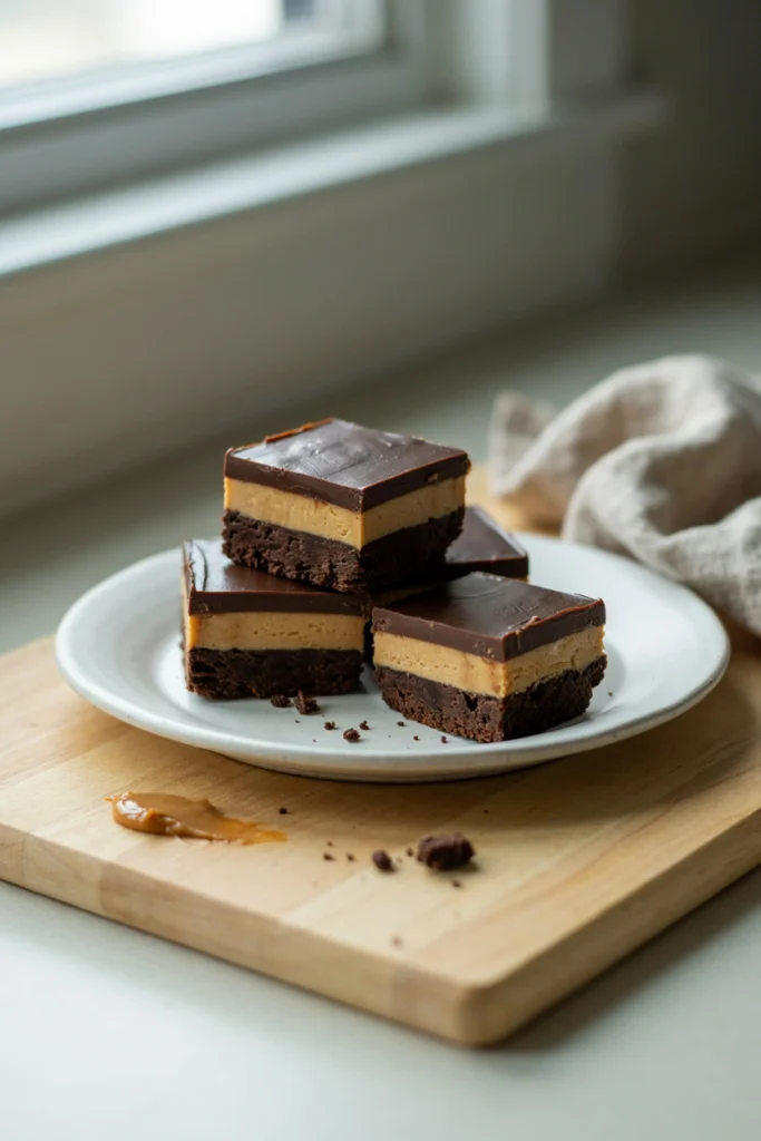 Fudgy brownies topped with a thick peanut butter layer and a smooth chocolate ganache top, cut into squares