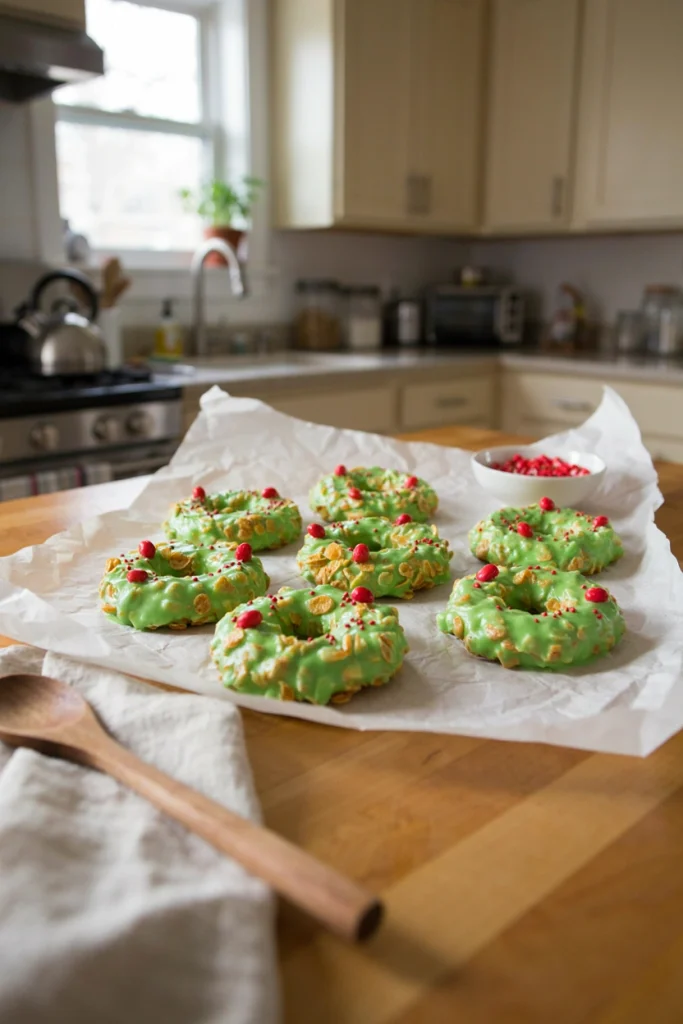 Green-tinted cornflake wreaths with red candy accents shaped like Christmas wreaths