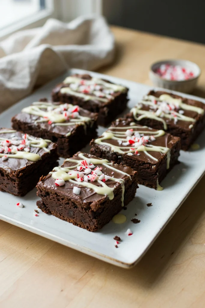 Fudgy brownies topped with a layer of white and dark chocolate bark studded with crushed candy cane, cut into squares