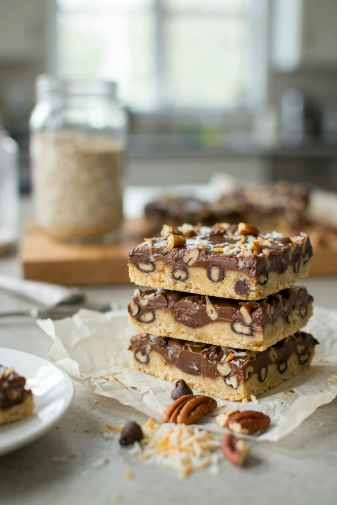 Layered cookie bars with visible chocolate chips, coconut, and pecans over a graham cracker crust