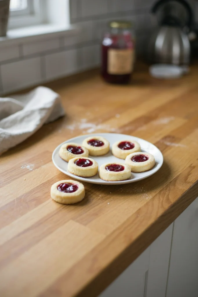 Buttery shortbread thumbprints filled with jewel-toned red jam, dusted with powdered sugar