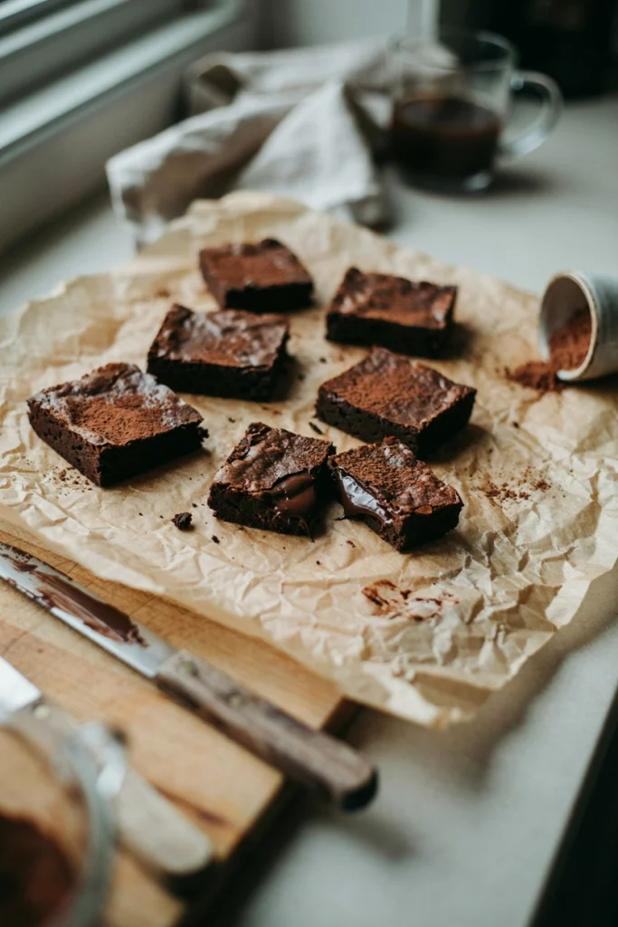 Dark, dense brownies with a matte crackly top, cut into squares dusted lightly with cocoa powder