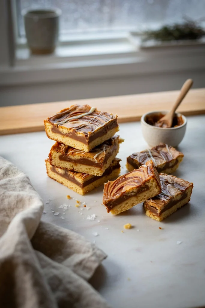 Golden blondie bars swirled with cookie butter and drizzled with white chocolate, cut into squares