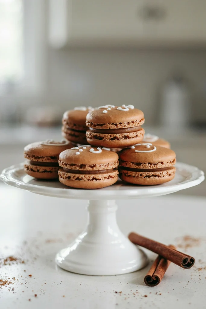 Warm brown macaron shells with a delicate piped royal icing outline like a tiny gingerbread man face, filled with spiced cream.
