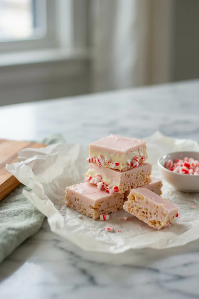 Pink peppermint rice krispie treats dipped in white chocolate and crushed candy cane