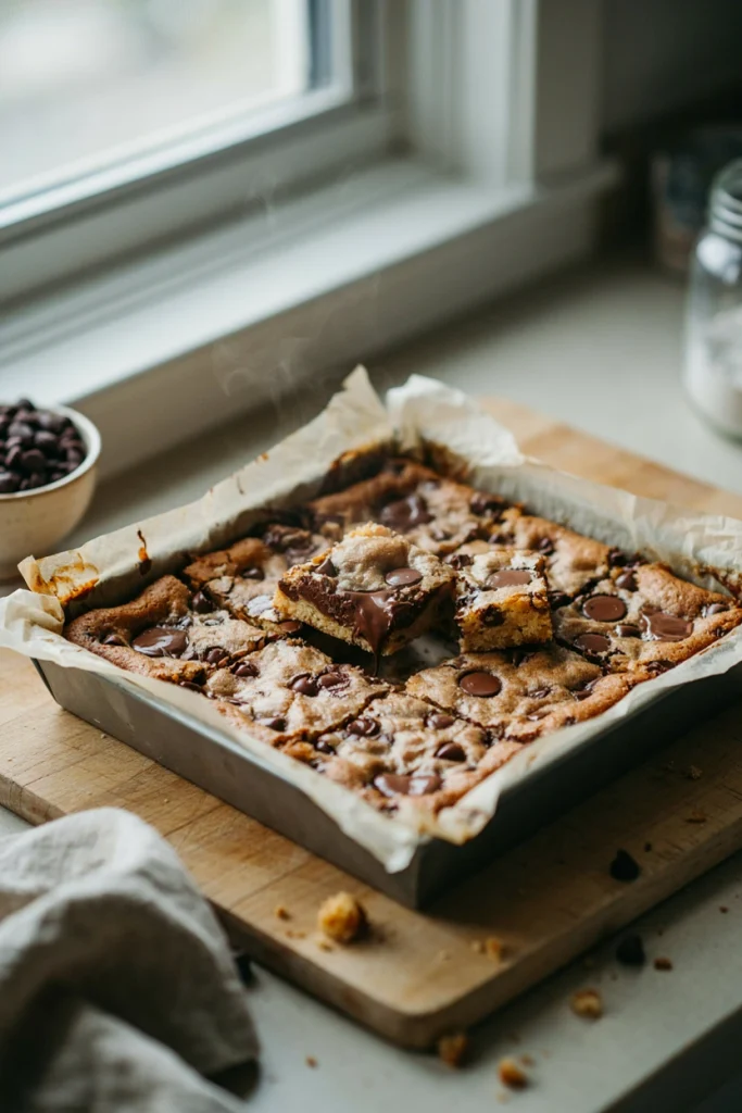 Golden chewy bars loaded with melted chocolate chips, cut into thick squares, still slightly warm