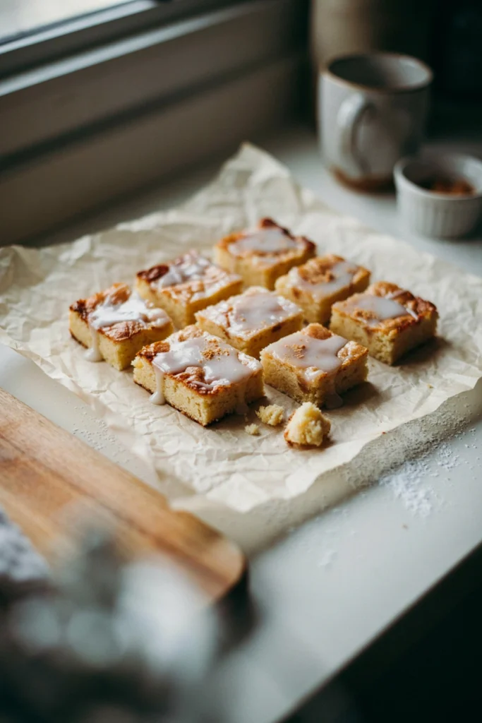 Pale spiced blondies with a glossy eggnog glaze on top, cut into squares and dusted with nutmeg
