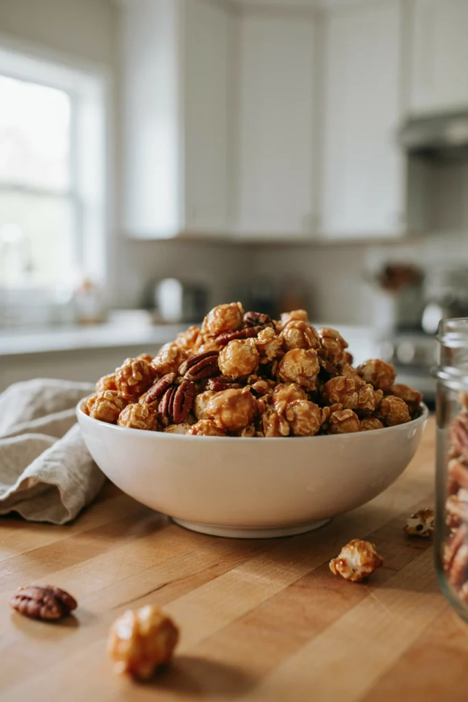 Glossy caramel-coated popcorn with pecan pieces piled in a bowl