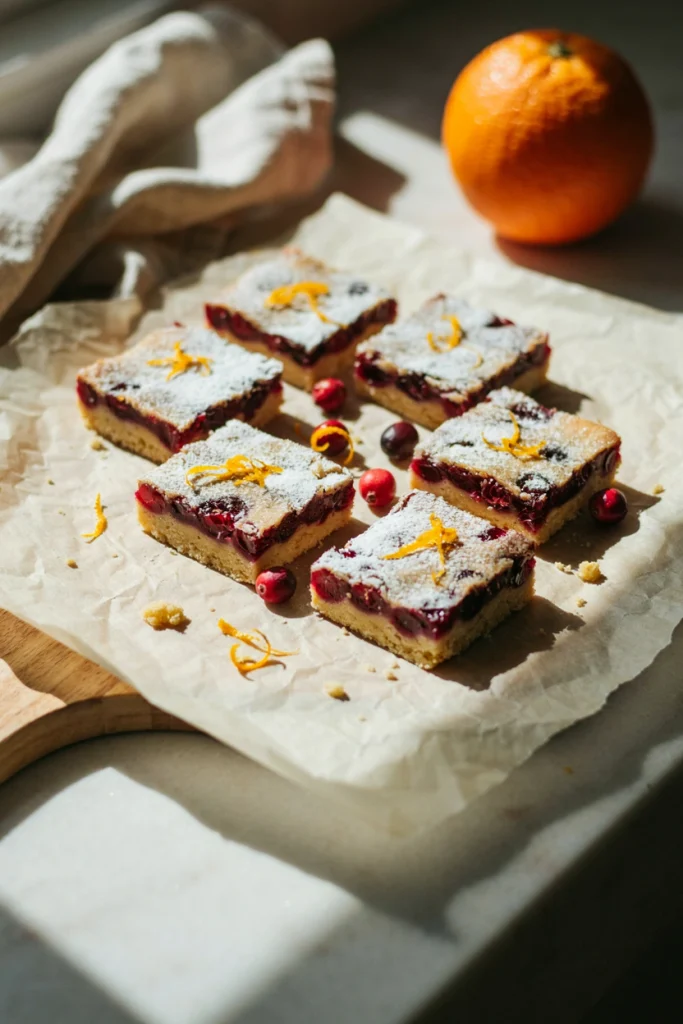 Pale golden bars flecked with bright cranberries and orange zest, dusted with powdered sugar, cut into squares