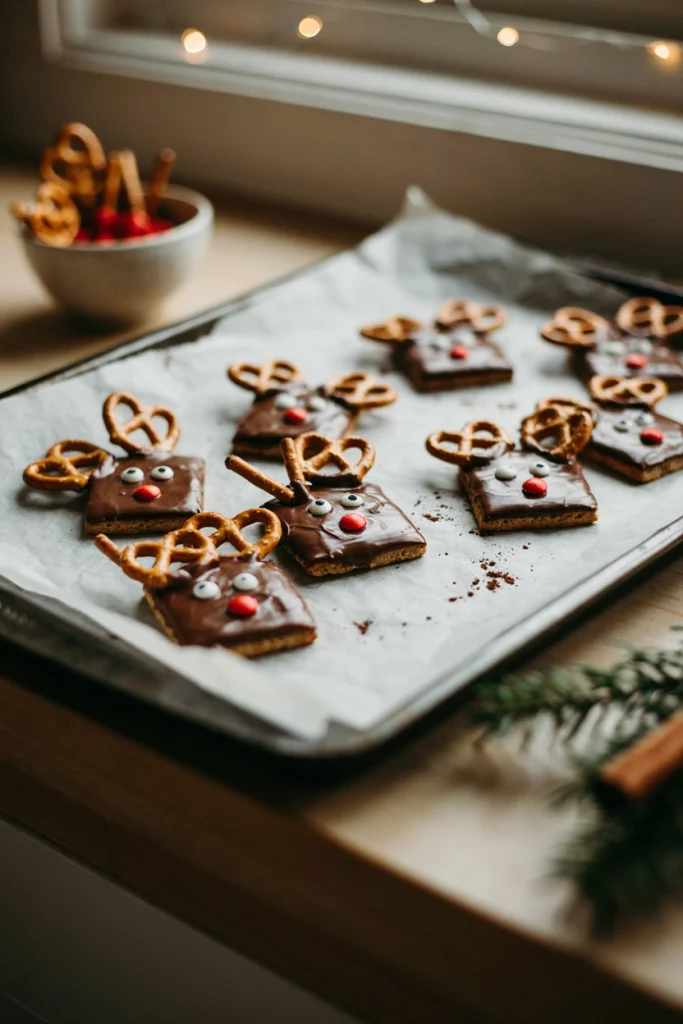 Rectangular graham crackers topped with chocolate and decorated as reindeer with pretzel antlers
