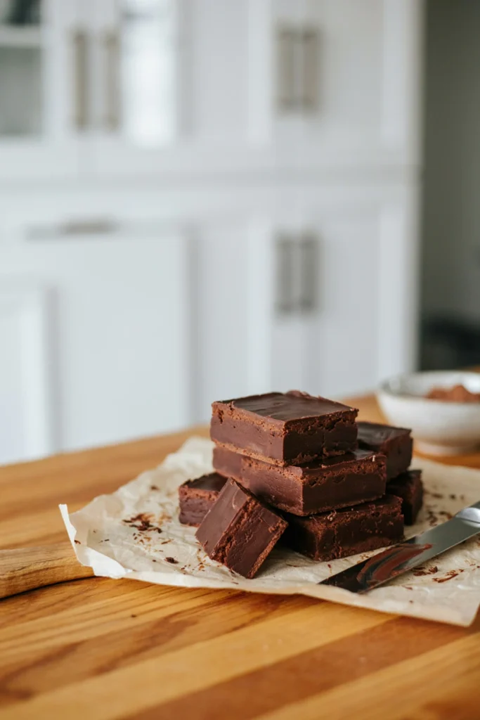 Glossy squares of chocolate fudge stacked on parchment