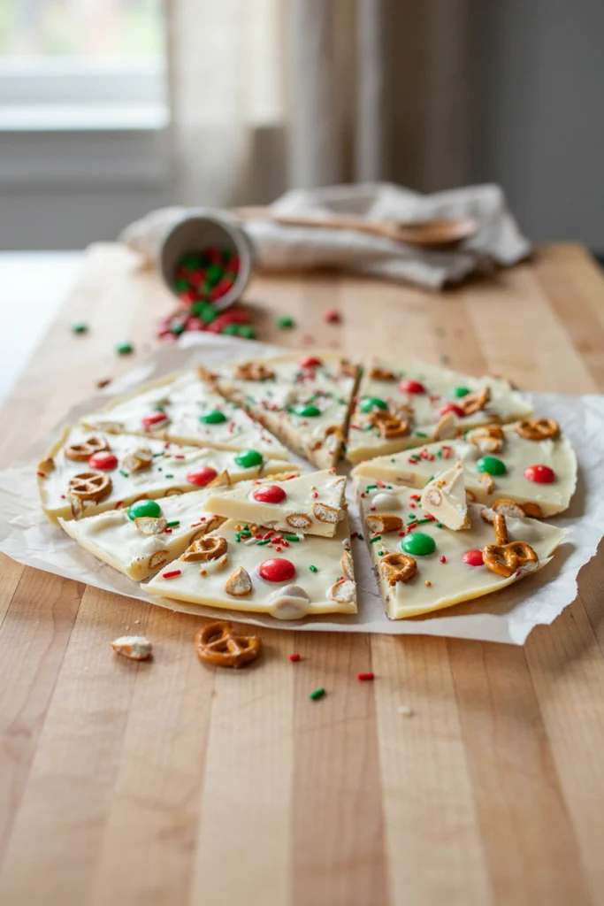 White chocolate bark mixed with pretzels, M&Ms, and holiday sprinkles, broken into rustic clusters