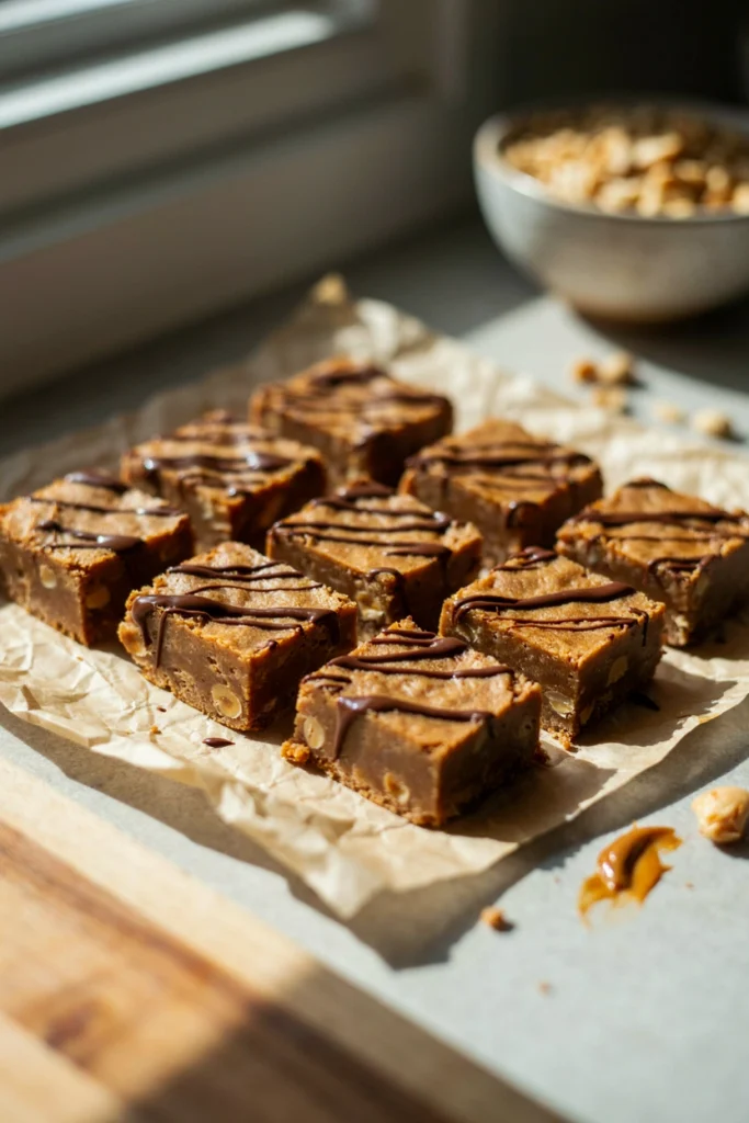 Dense peanut butter bars with a chocolate drizzle, cut into squares
