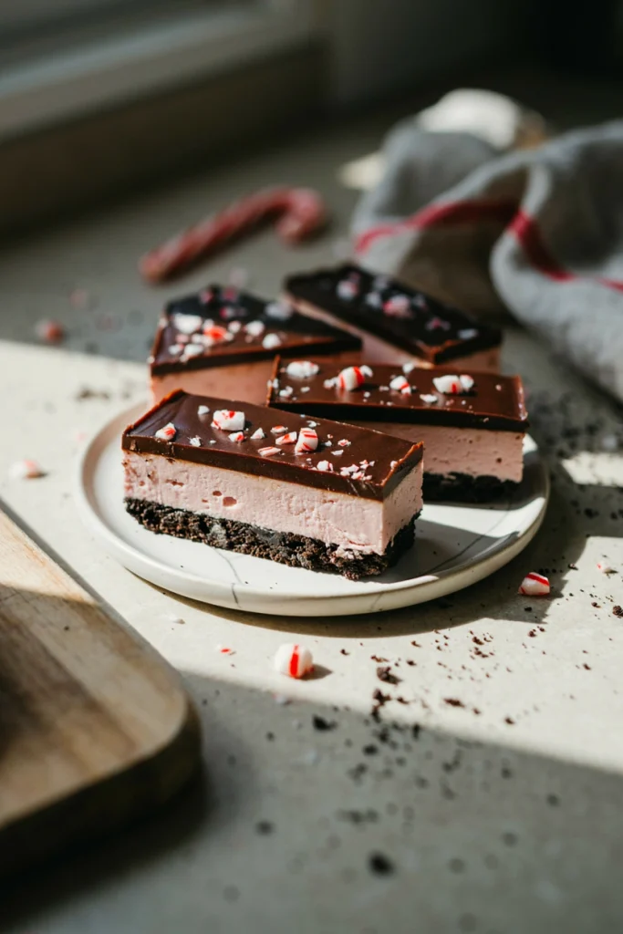 Layered no-bake bars with a crushed Oreo base, mint filling, and chocolate ganache top, cut into squares showing distinct layers