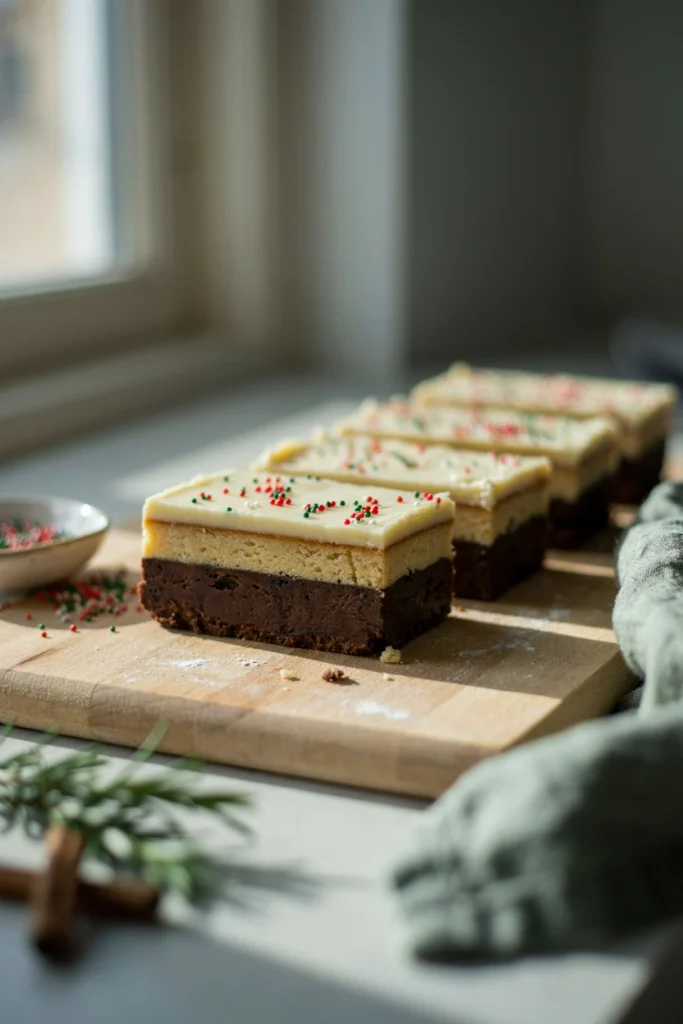 Layered bars with a chocolate brownie bottom and a frosted sugar cookie top, cut into squares showing both layers