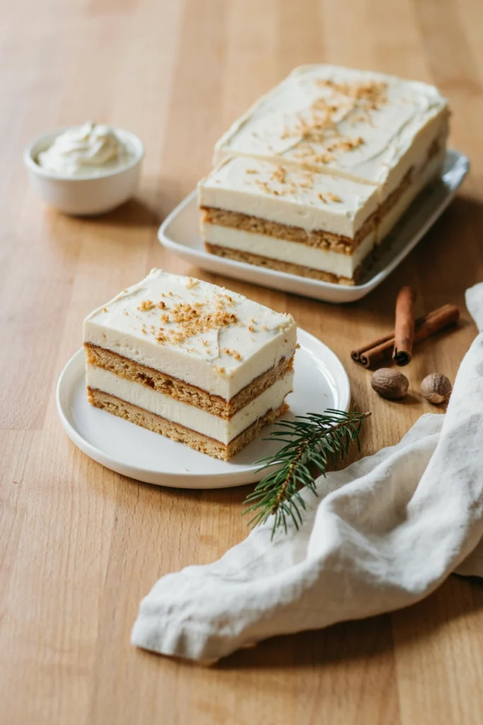 A sliced layered icebox cake showing alternating bands of graham cracker and eggnog-spiked cream, dusted with nutmeg on top.
