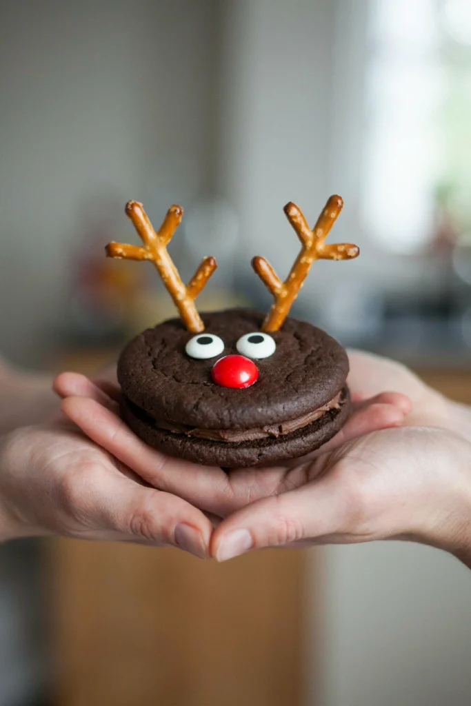 Round cookie sandwiches filled with peanut butter and decorated as reindeer with pretzel antlers