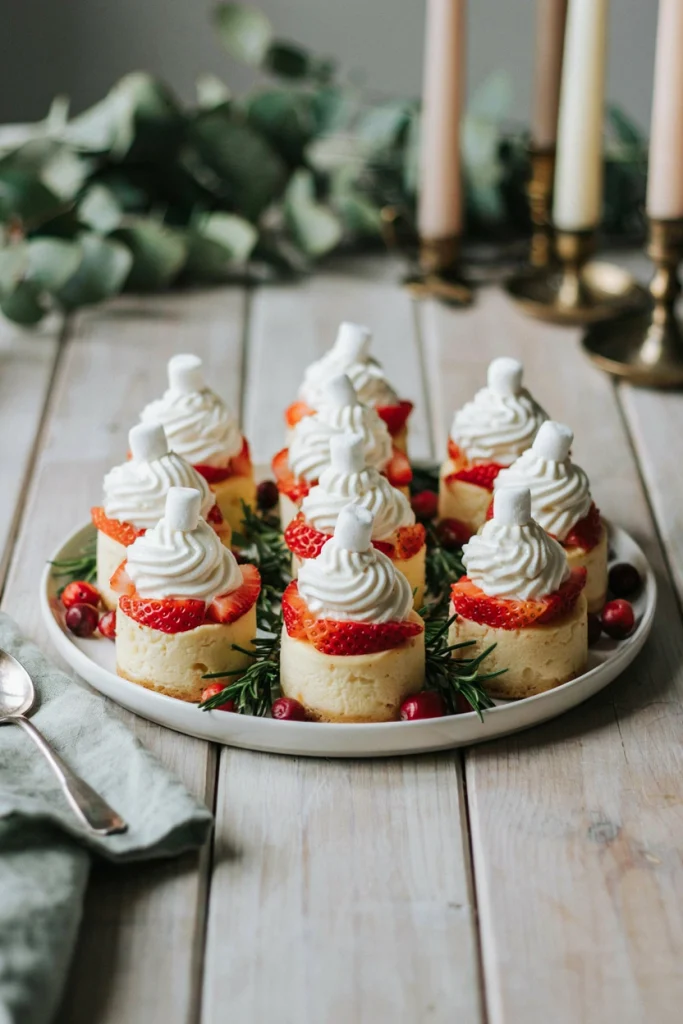 Bite-size cheesecakes topped with a strawberry and whipped cream shaped like a Santa hat