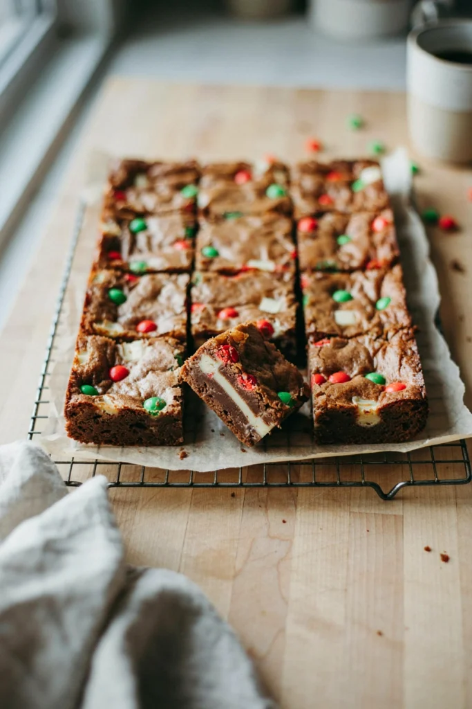 Golden brown blondies studded with white chocolate chunks and red and green M&Ms, cut into squares on a cooling rack