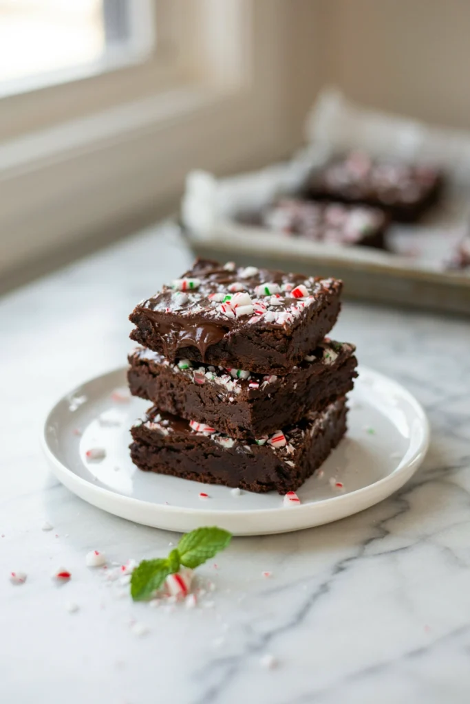Fudgy peppermint bark brownies topped with cracked white chocolate and crushed candy cane