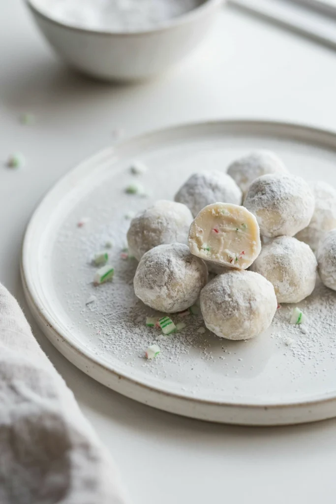 Peppermint snowball truffles rolled in powdered sugar