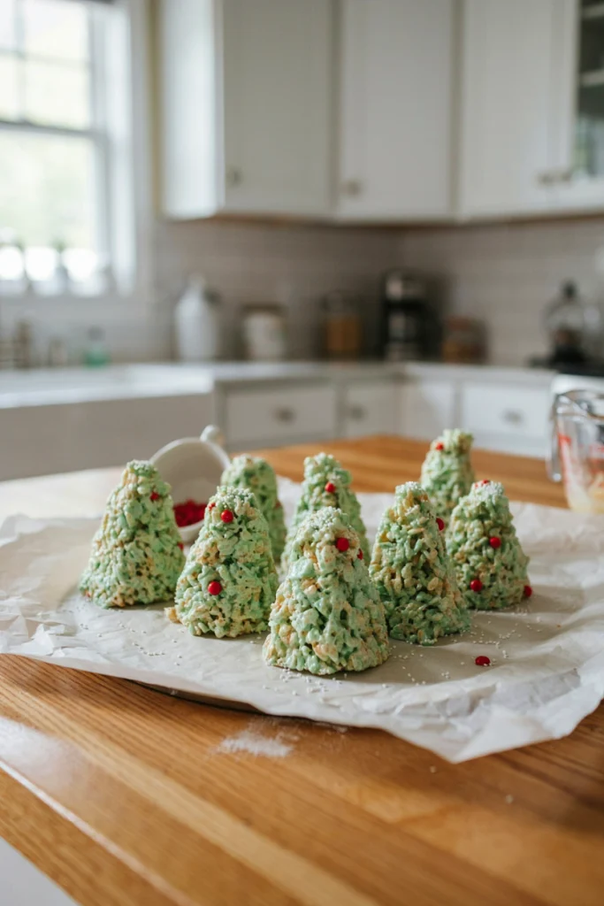 Green tinted Rice Krispie treats shaped into cone trees with candy decorations