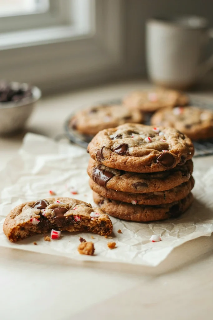 Stack of thick peppermint chocolate chip cookies broken open showing a chewy center