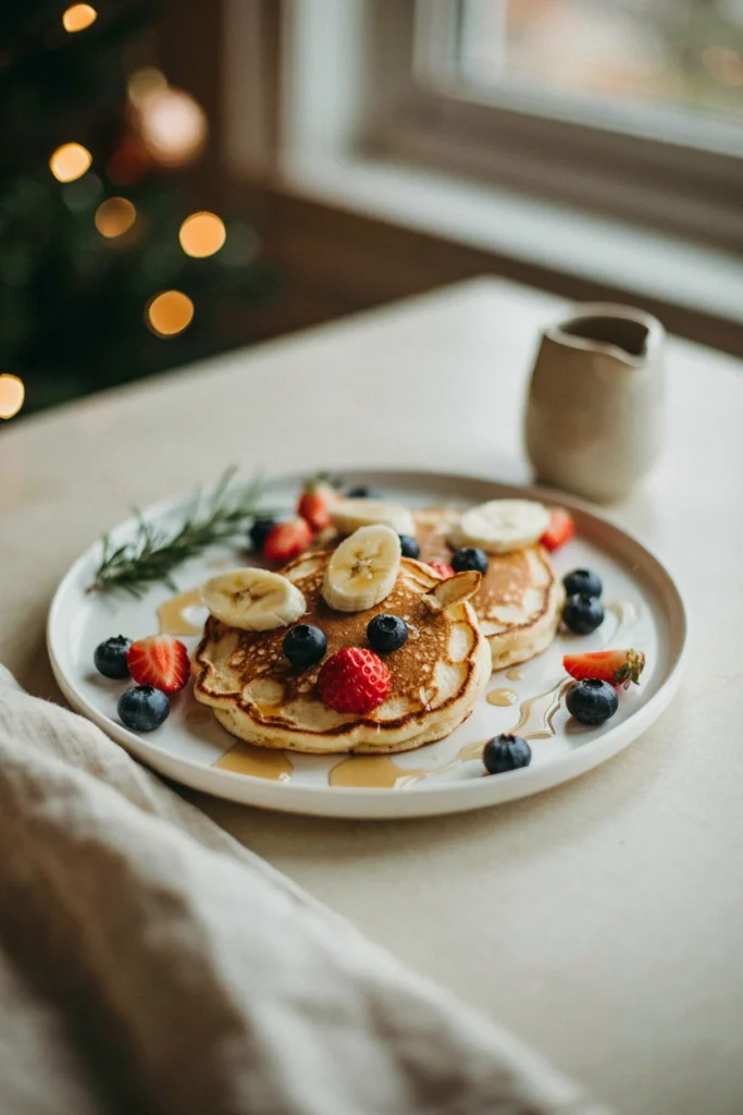 Stack of pancakes shaped like reindeer faces with banana antlers, blueberry eyes, and a strawberry nose