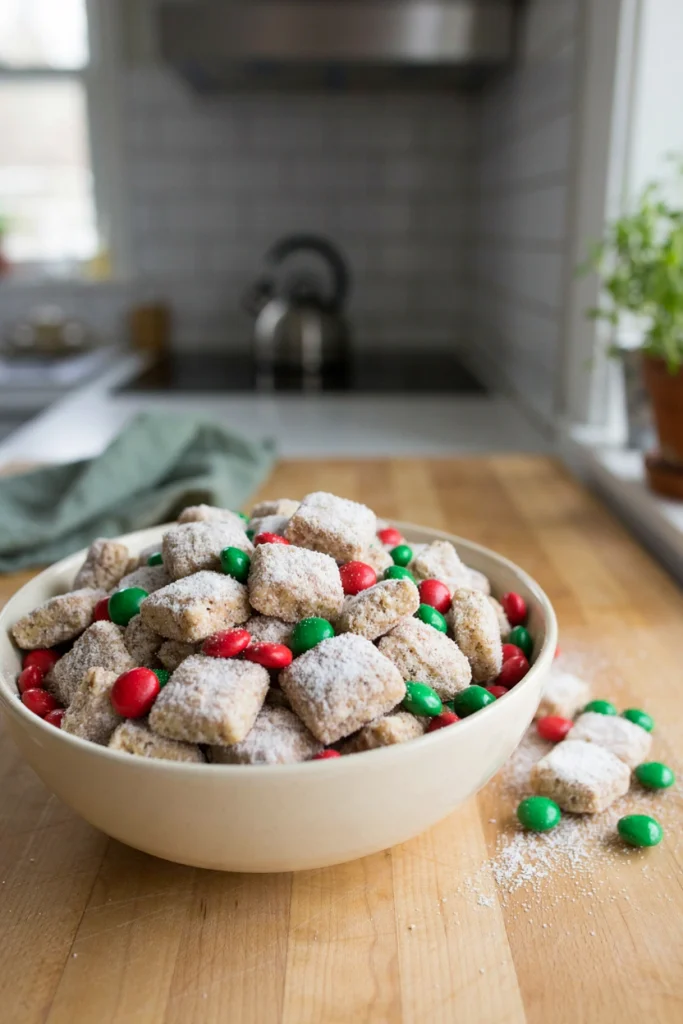 Powdered sugar coated cereal mix with red and green M&Ms mixed through, in a festive bowl