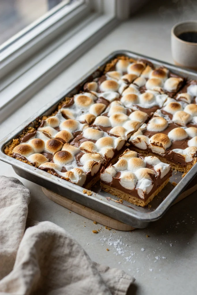 Bars with a graham cracker layer, melted chocolate chunks, and toasted marshmallow on top, cut into squares